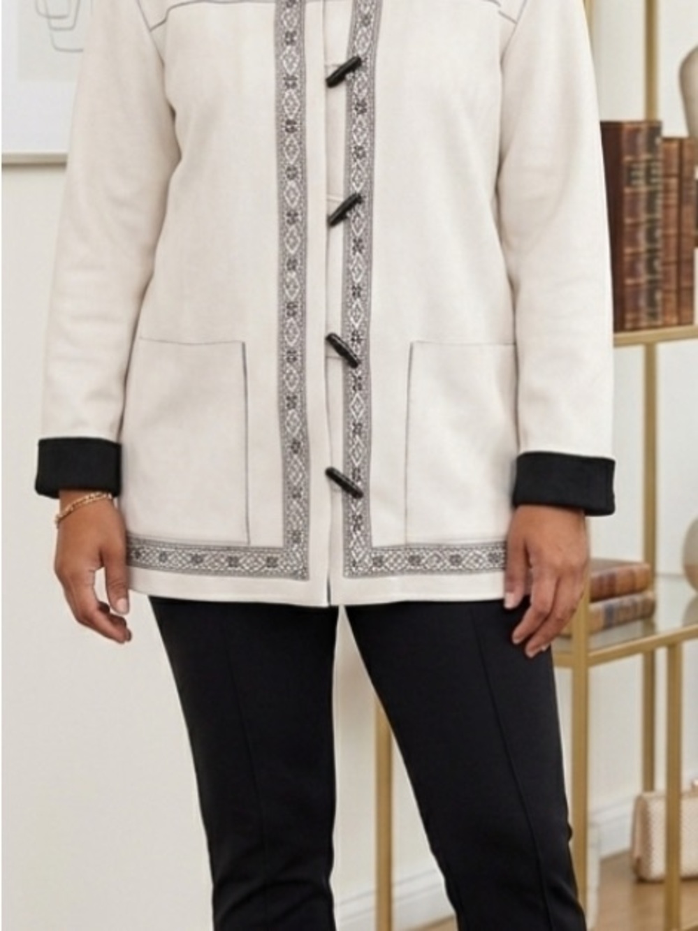 Ivory Embroidered Toggle Coat with Black Trim